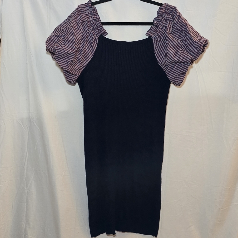 Anthropologie Maeve Navy Ribbed Knit Midi Dress Puff Sleeve Gingham, sz XL - Picture 6 of 10
